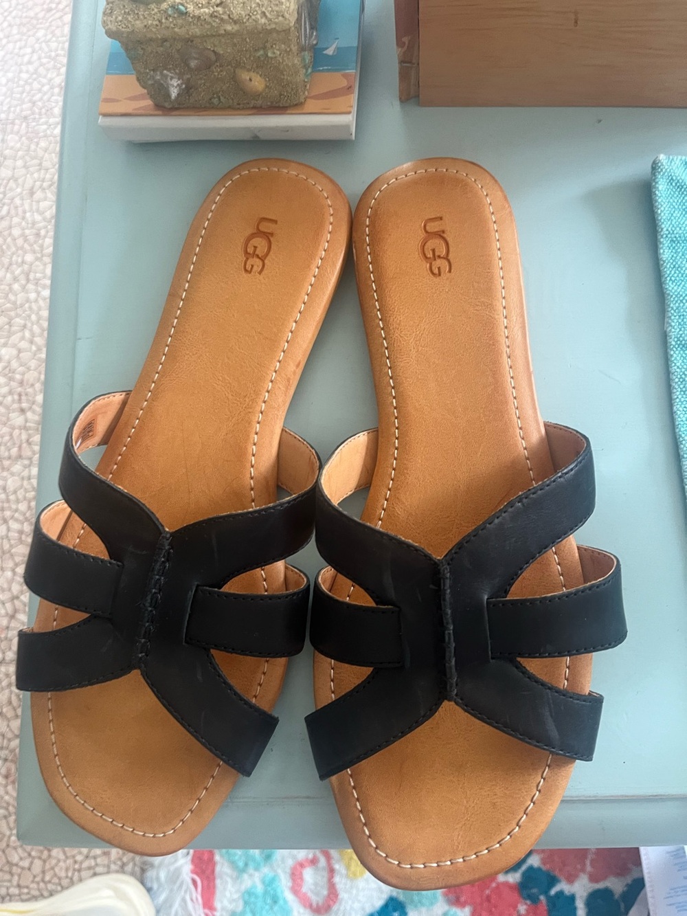 UGG Black Leather Multi-Strap Slide Sandals